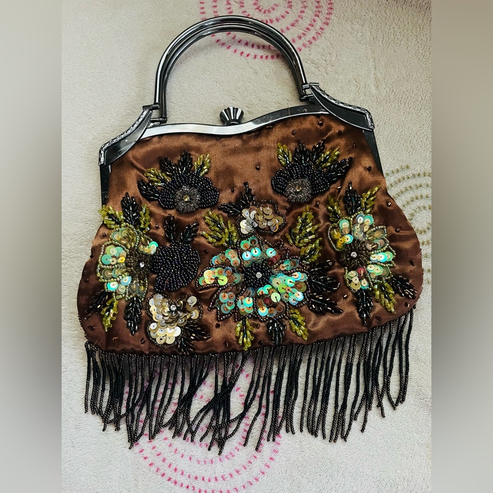 Embellished Brown Handbag with Fringe